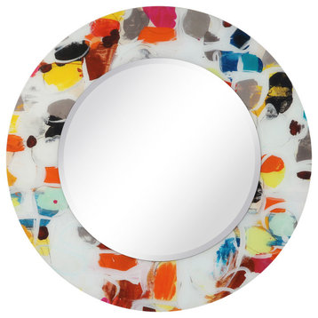"Party" Round Beveled Wall Mirror on Floating Printed Tempered Art Glass