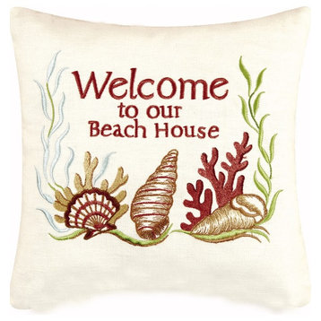 Welcome to Beach House 10 Inch Coastal Seashells Linen Embroidered Accent