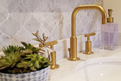 Inspiration for a small timeless kids' white tile and marble tile marble floor and white floor bathroom remodel in San Francisco with furniture-like cabinets, white cabinets, a two-piece toilet, white walls, an undermount sink, marble countertops and a hinged shower door