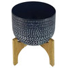 Benzara UPT-272901 Round Hammered Metal Planter Pot With Wood Arch Stand, Blue