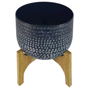 Benzara UPT-272901 Round Hammered Metal Planter Pot With Wood Arch Stand, Blue