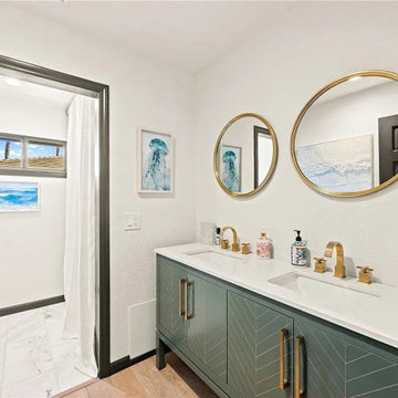 Contemporary Bathroom with Double Vanity and Gold Accents