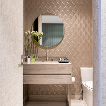 Elegant Powder Room with Geometric Wallpaper | Modern Minimalist Luxury