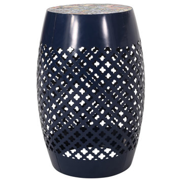 Khari Indoor Lace Cut Side Table With Tile Top, Dark Blue/Multi-Color
