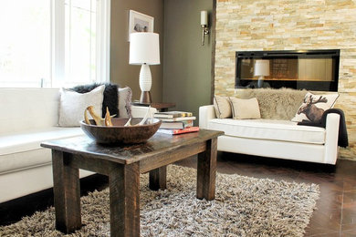 Mid-sized transitional formal and open concept dark wood floor and brown floor living room photo in Toronto with gray walls, a ribbon fireplace and a stone fireplace
