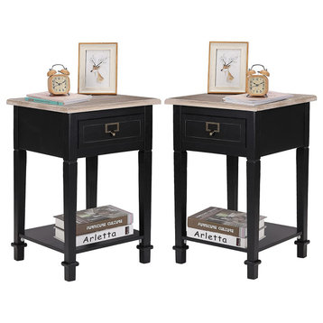 Rustic Farmhouse Accent End Table/Nightstand with Drawers and Open Shelf, Set 2,