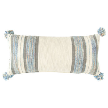 Blue, Gray and Cream Striped Cotton Blend Lumbar Pillow With Tassels
