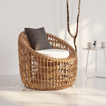 Austen Rattan Outdoor Barrel Chair Nest Shape Sidechair With Cushion, Brown
