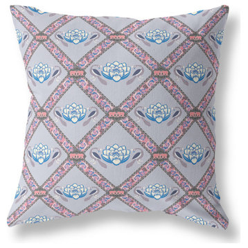 Lotus Peacock Rose Broadcloth Indoor Outdoor Zippered Pillow Gray Blue Pink