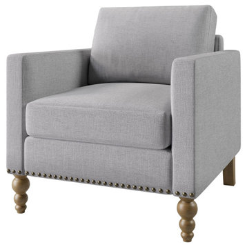 Classic Accent Chair, Carved Feet & Fabric Seat With Nailhead Trim, Light Gray
