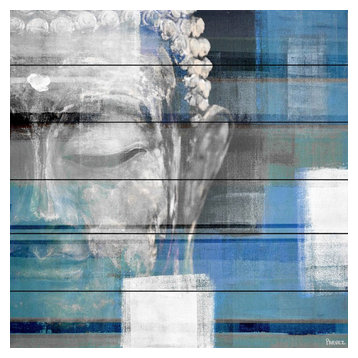 Blue Buddha Painting Print on White Wood, 80x80 cm