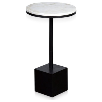 Round Marble Top Accent Table With Square Pedestal Base, White, Black Finish