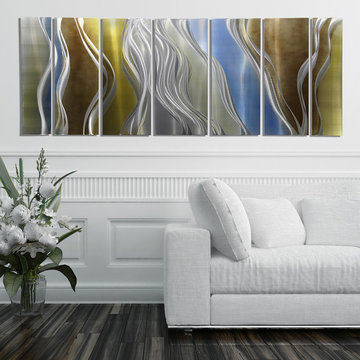 Cascade - Abstract Fusion of Brown, Blue, Silver and Gold Modern Metal Painting