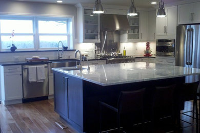 Mid-sized minimalist l-shaped dark wood floor enclosed kitchen photo in Other with an undermount sink, shaker cabinets, white cabinets, marble countertops, white backsplash, subway tile backsplash, stainless steel appliances and an island