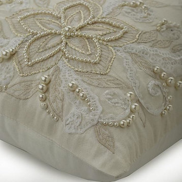 Ivory Throw On Bed Linen 20"x20" French Toile Floral Pearl, Wedding Love