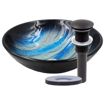 Tigre Blue and Silver Painted Glass Bathroom Vessel Sink and Drain, Oil Rubbed Bronze Matte Black Gunmetal