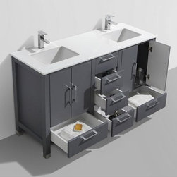 60" Matte Grey Vanity with White Quartz Counter Top - Bathroom Vanities And Sink Consoles