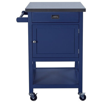 Linon Sydney Wood Rolling Apartment Storage Cart Stainless Steel Top in Blue