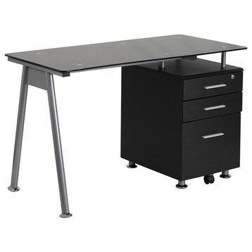 Contemporary Desk, Elegant Design With Pedestal Drawers and Floating Glass Top