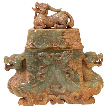 Chinese Stone Carved Tan Green Rectangular Pixiu Incense Burner Display Hws3150