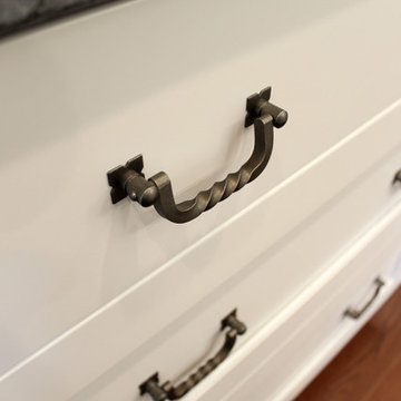 White Cabinets, Grey Countertops and Edgy Tile Backsplash
