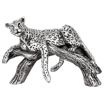 Silver Leopard Laying on Branch Sculpture A508