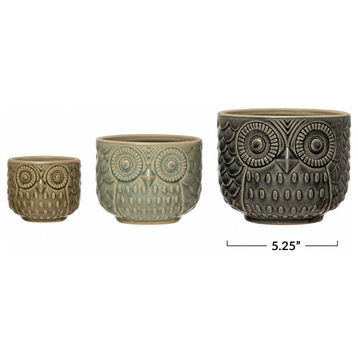 Decorative Stoneware Owl Containers, 3-Piece Set