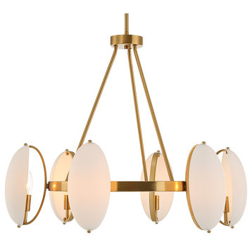 Modern Oval Opal Glass Shade 6 Light Chandelier 30 in Round Scandi Gold Brass