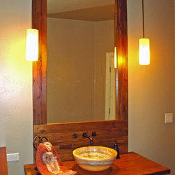 Onyx Vessel Sink, Reclaimed Teak Vanity & Mirror W/ Backsplash Built In - Bathroom Sinks