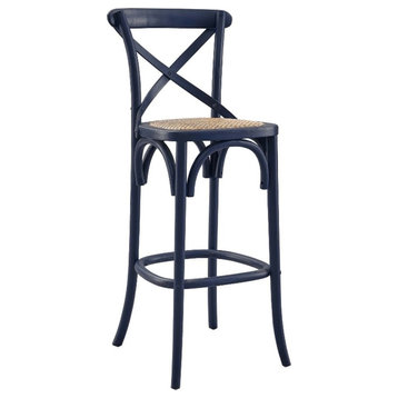 Modway Gear 43.5" Rattan and Elm Wood Bar Stool in Midnight Blue Finish