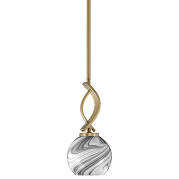 Cavella 1-Light Stem Hung Mini Pendant, New Age Brass, 5.75" Onyx Swirl Glass
