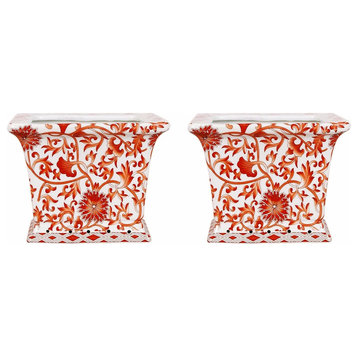 Set of 2 Orange and White Twisted Lotus Square Porcelain Flower Pots 6"