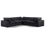 Meridian Furniture - Comfy Upholstered L-Shaped Modular Sectional, Black, 5-Piece: 2 Armless Chair, 3 Corner Chair, Linen Textured Fabric - Give your space a whole new look with this black Comfy linen textured fabric sectional. This handsome sectional fits nicely with other items in the Comfy collection and is a versatile seating option designed for adaptability, comfort and style. Wrapped in rich black durable linen textured fabric upholstery, this sectional offers a plush embrace of overstuffed down feather cushions, carefully crafted to deliver the highest level of comfort. The perfect seat for creating an oasis for relaxation, this sectional has thick foam surrounding its frame for added support and coziness.