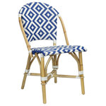 Matthew Izzo Home - Matthew Izzo Home Cannes Rattan Dining Chair - Imagine walking along the trottoires of the French Riviera. With the Cannes Collection, you will hear the seaside life beckon. These indoor chair are made of natural rattan with classic navy and white weaving. Merely relax into an afternoon siesta, and the seaside is a mere thought away. With ample seating, the Cannes Dining Chair invites you to relax a little longer. The natural rattan construction features a decorative seat and back made of white and navy synthetic. The geometric patterned weave is finished in a semi-gloss for easier cleaning.