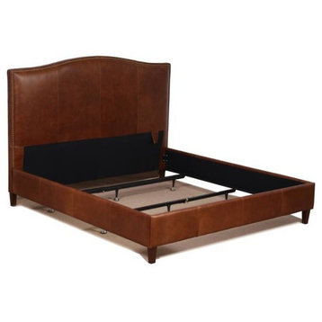 Tobacco Brown Genuine Leather Bed With Brass Nail Heads, Queen