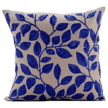 Rainy Blue Leaves, Beige Cotton Linen 16"x16" Cushion Covers