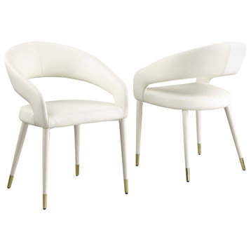 Joel Faux Leather Contemporary Dining Chair With Gold Accents, Set of 2, Ivory