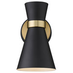 Z-Lite - Soriano One Light Wall Sconce, Matte Black / Heritage Brass - A decorative silhouette shapes industrial influence that adds casual elegance to this matte black finish steel one-light wall sconce. Dress up a bathroom or hallway with this tasteful light trimmed with heritage brass finish steel. This sconce works perfectly paired with an identical match in a side-by-side arrangement around a doorway or hallway entrance.