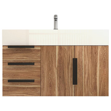 Jessica 36" Left Side Drawers Wall Mounted Vanity, White Oak