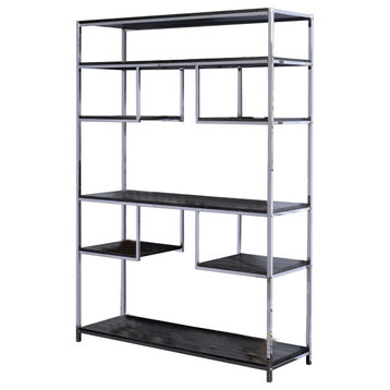 Benzara BM209606 Bookshelf with 7 Shelves & Geometric Pattern, Silver/Dark Gray