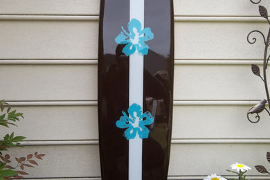 Chocolate and hibiscus surfboard wall art