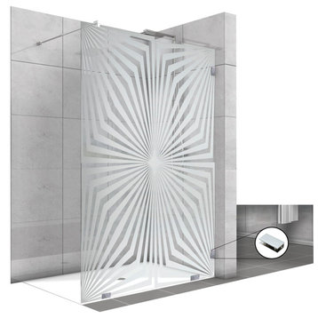 Fixed Shower Glass Screens With DiagonalLes Sandblasted Design, Semi-Private, 24" X 75"