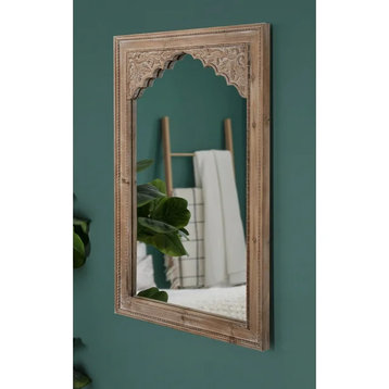 Farmhouse Wall Mirror, Wood Frame & Ornate Scalloped Arched Accent, Rustic Brown