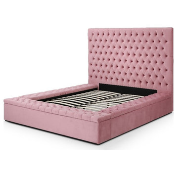 Pemberly Row Contemporary Velvet Upholstered Platform Queen Bed in Pink