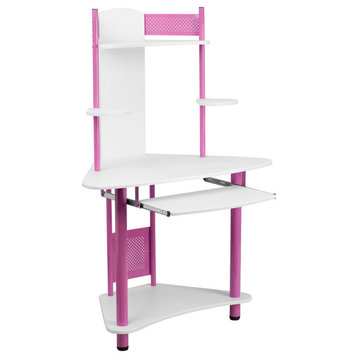 Flash Furniture Corner Wood Computer Desk with Hutch in Pink
