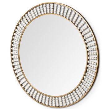 Claiborne Gold Metal Frame With White Wooden Beads 42" Round Wall Mirror