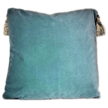 Large Mediterranean Tapestry Pillow With Tassels and Feather Insert, Turquoise, 22x22