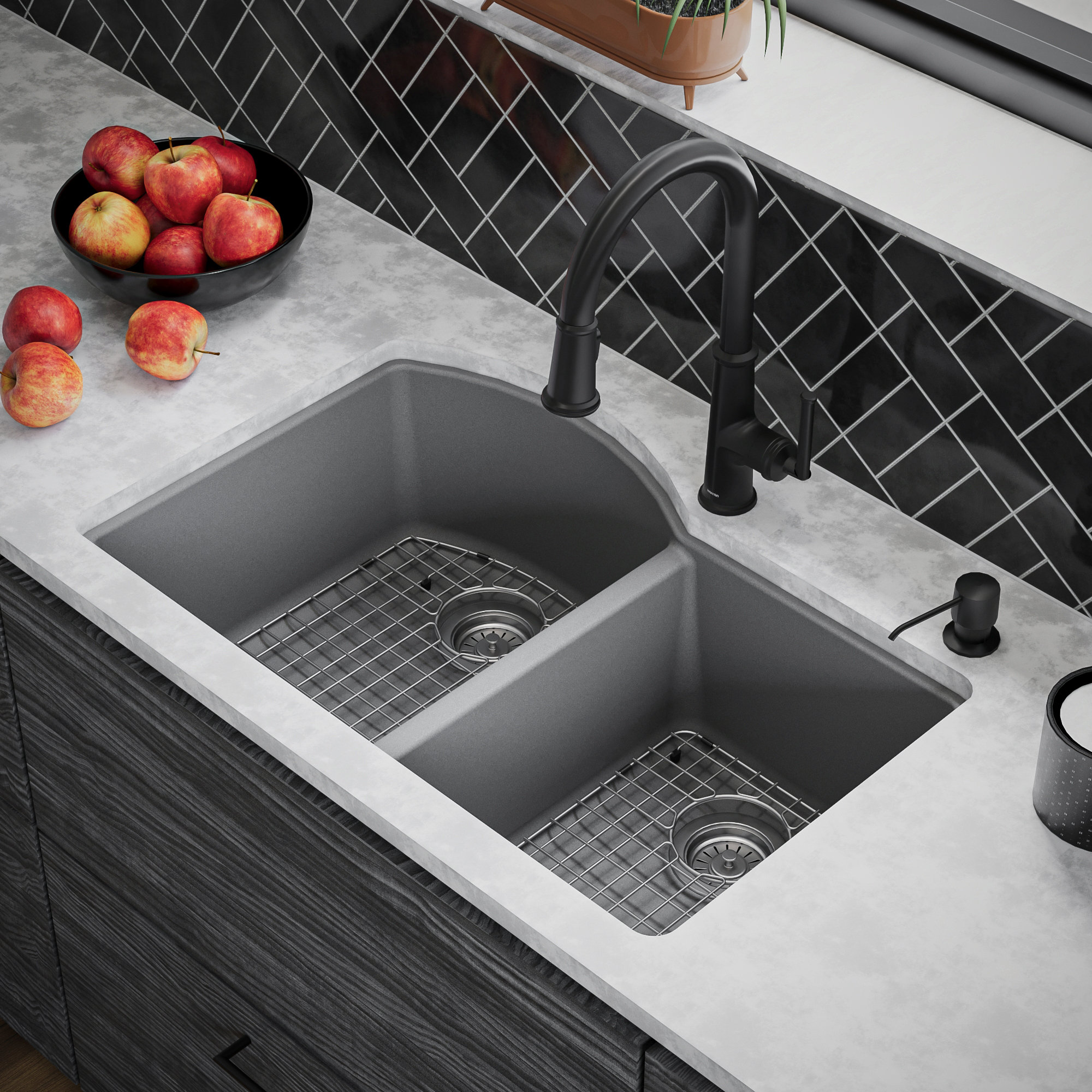 Karran Undermount Quartz 32" 60/40 Double Bowl Kitchen Sink Kit, Grey