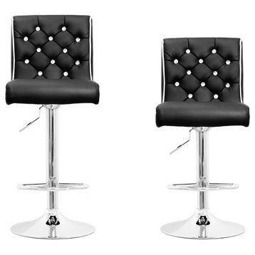 Modern Swivel Bar Stool With Crystals and "Tufted" Look, Set of 2, Black