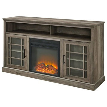 Versatile TV Stand, 2 Windowpane Doors With Fireplace & Open Compartments, Gray